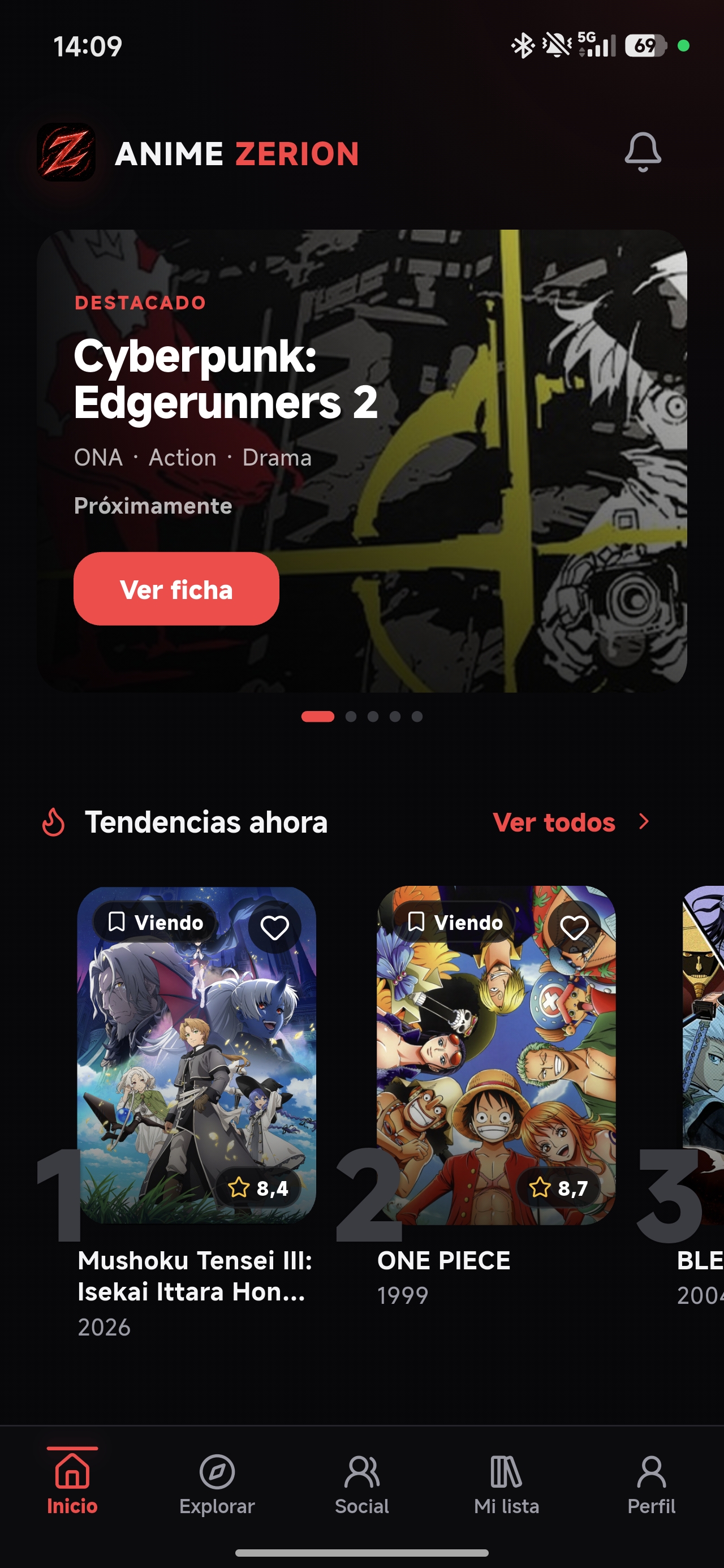Inicio de Anime Zerion con la sección destacada, tendencias y navegación inferior